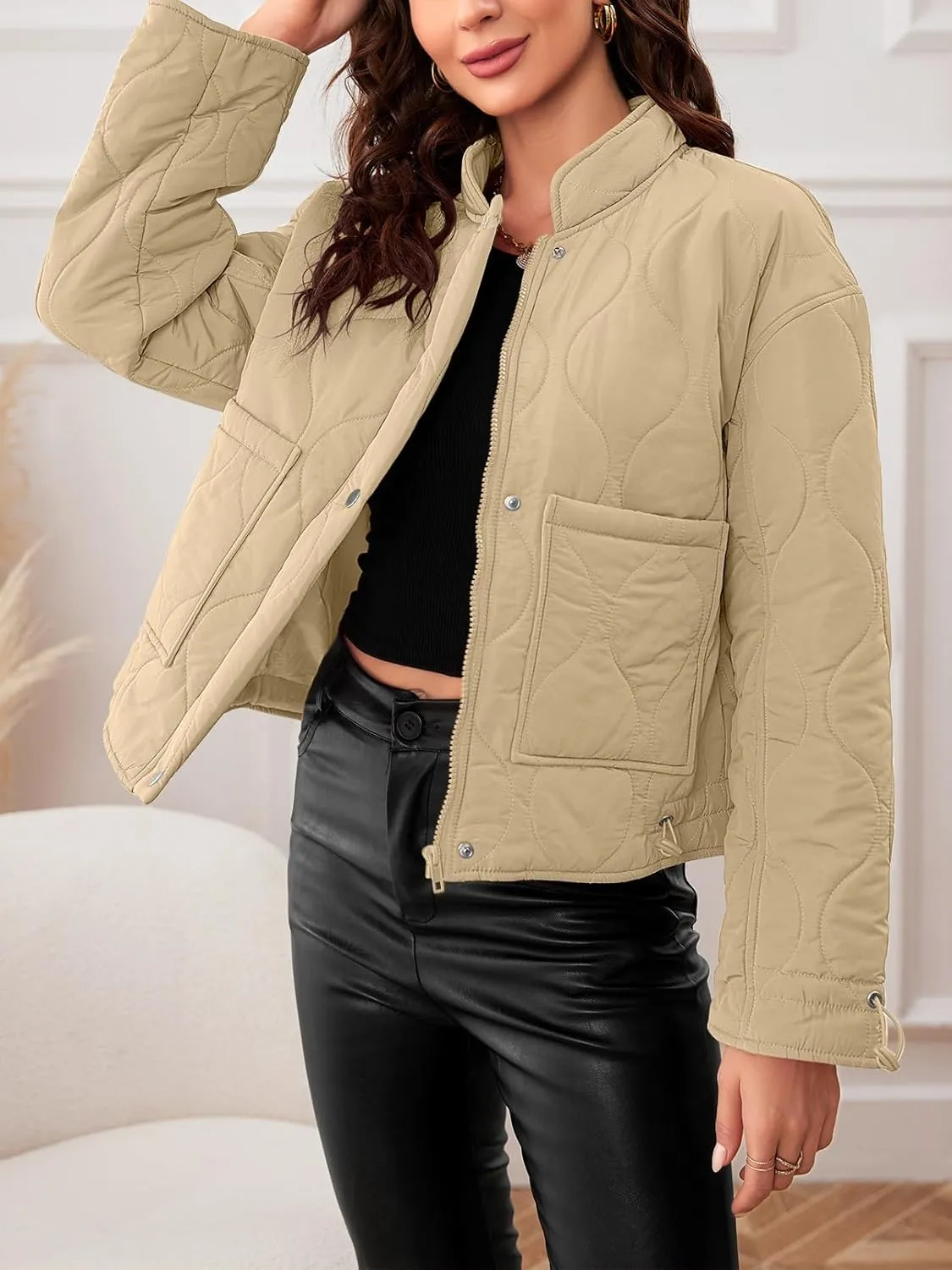 MEROKEETY Women's Cropped Zip-Up Bomber Jackets Warm Quilted Long Sleeve Stand Neck Winter Coats