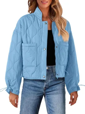 MEROKEETY Women's Cropped Zip-Up Bomber Jackets Warm Quilted Long Sleeve Stand Neck Winter Coats