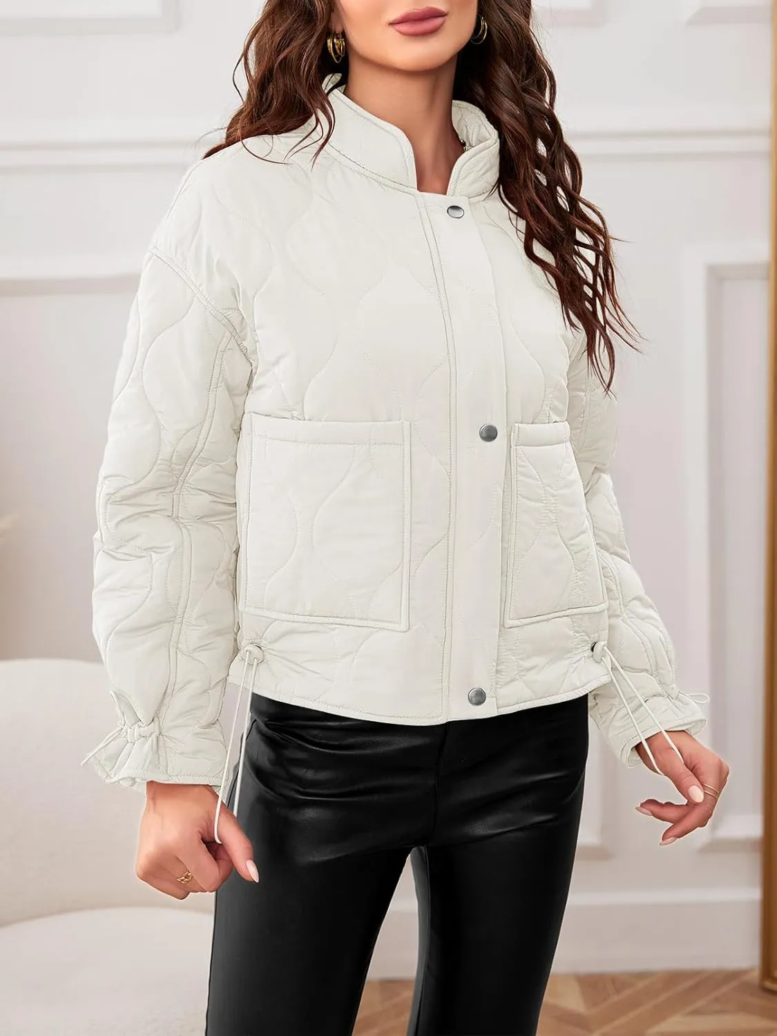 MEROKEETY Women's Cropped Zip-Up Bomber Jackets Warm Quilted Long Sleeve Stand Neck Winter Coats