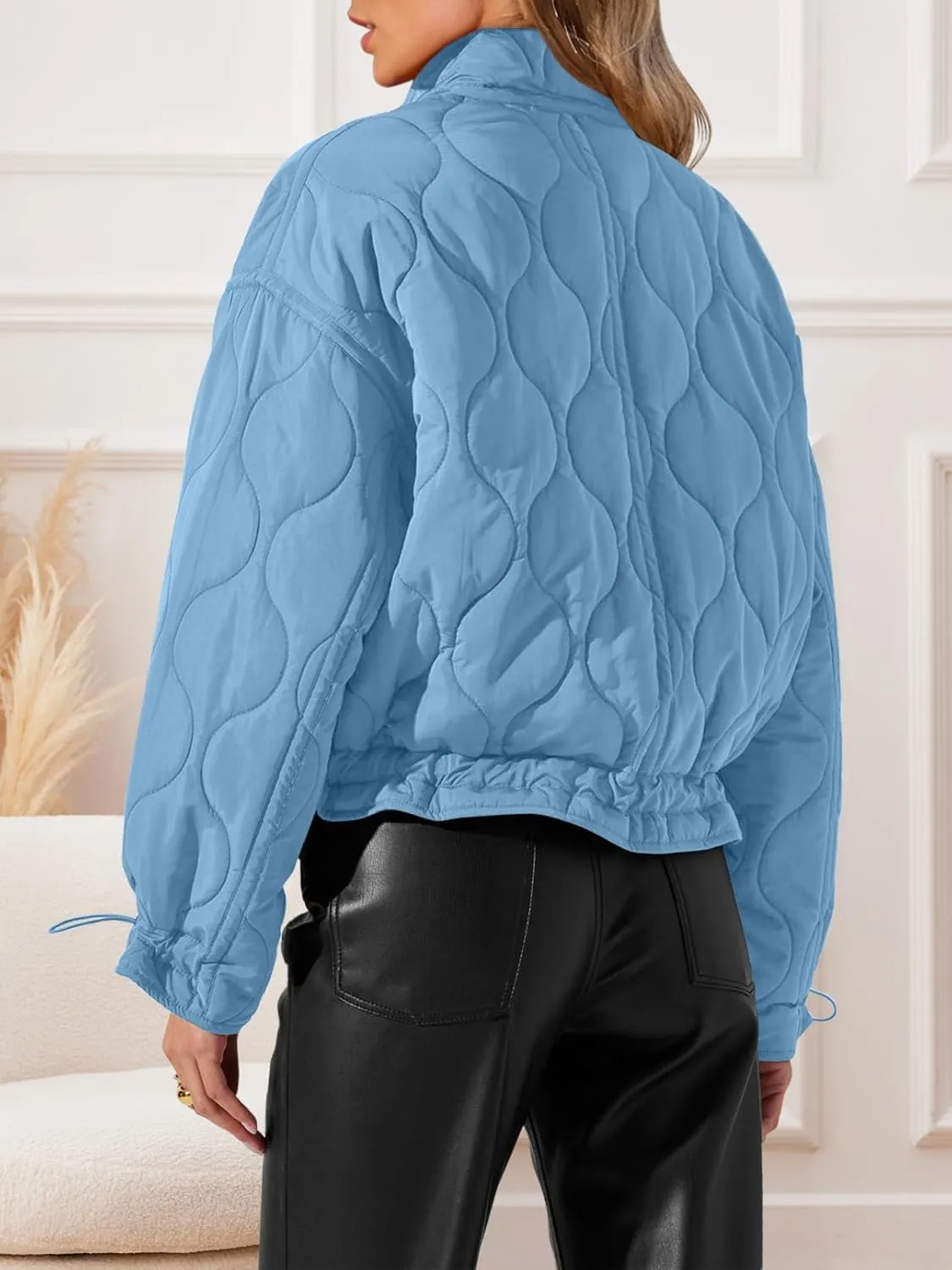 MEROKEETY Women's Cropped Zip-Up Bomber Jackets Warm Quilted Long Sleeve Stand Neck Winter Coats