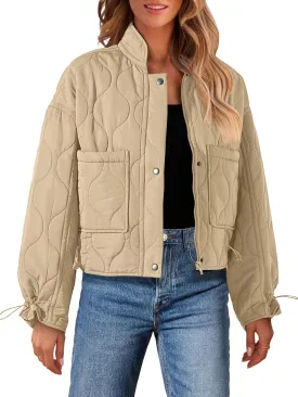 MEROKEETY Women's Cropped Zip-Up Bomber Jackets Warm Quilted Long Sleeve Stand Neck Winter Coats