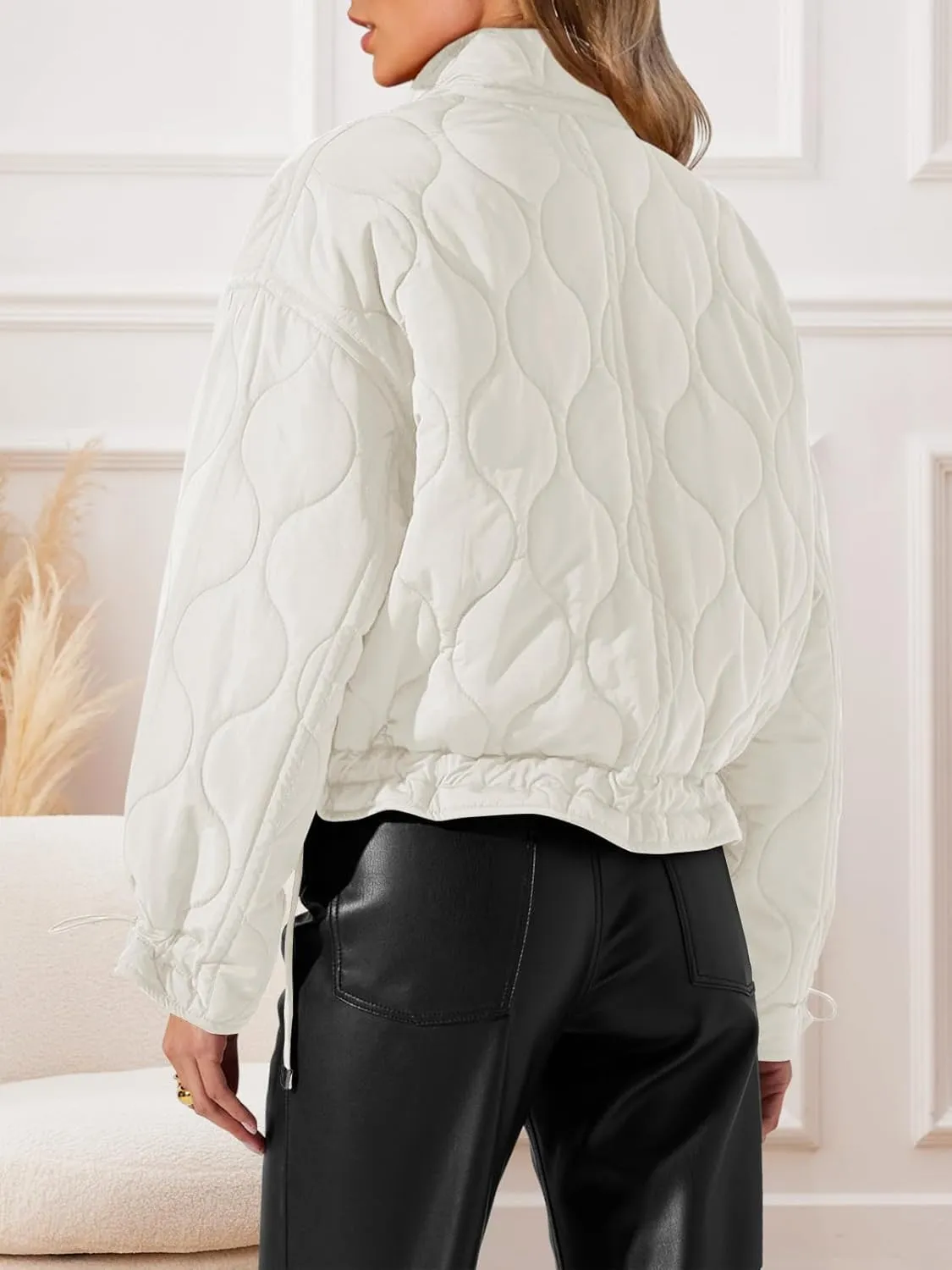 MEROKEETY Women's Cropped Zip-Up Bomber Jackets Warm Quilted Long Sleeve Stand Neck Winter Coats