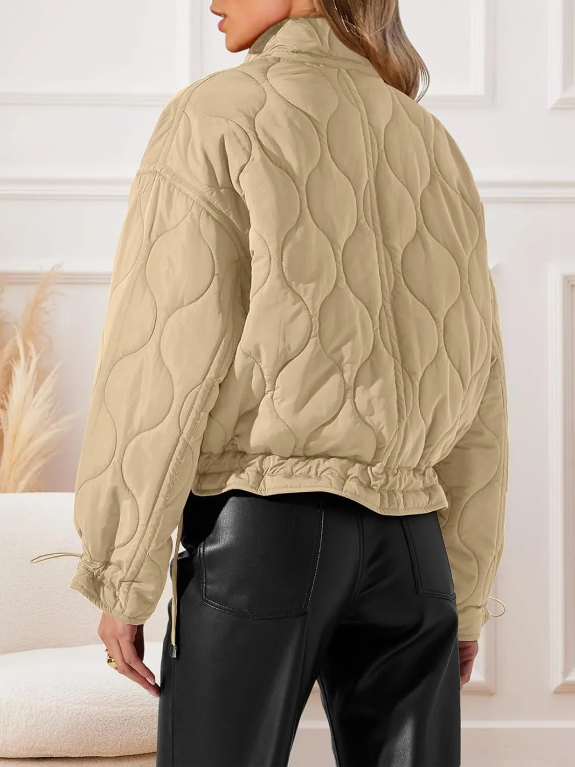 MEROKEETY Women's Cropped Zip-Up Bomber Jackets Warm Quilted Long Sleeve Stand Neck Winter Coats