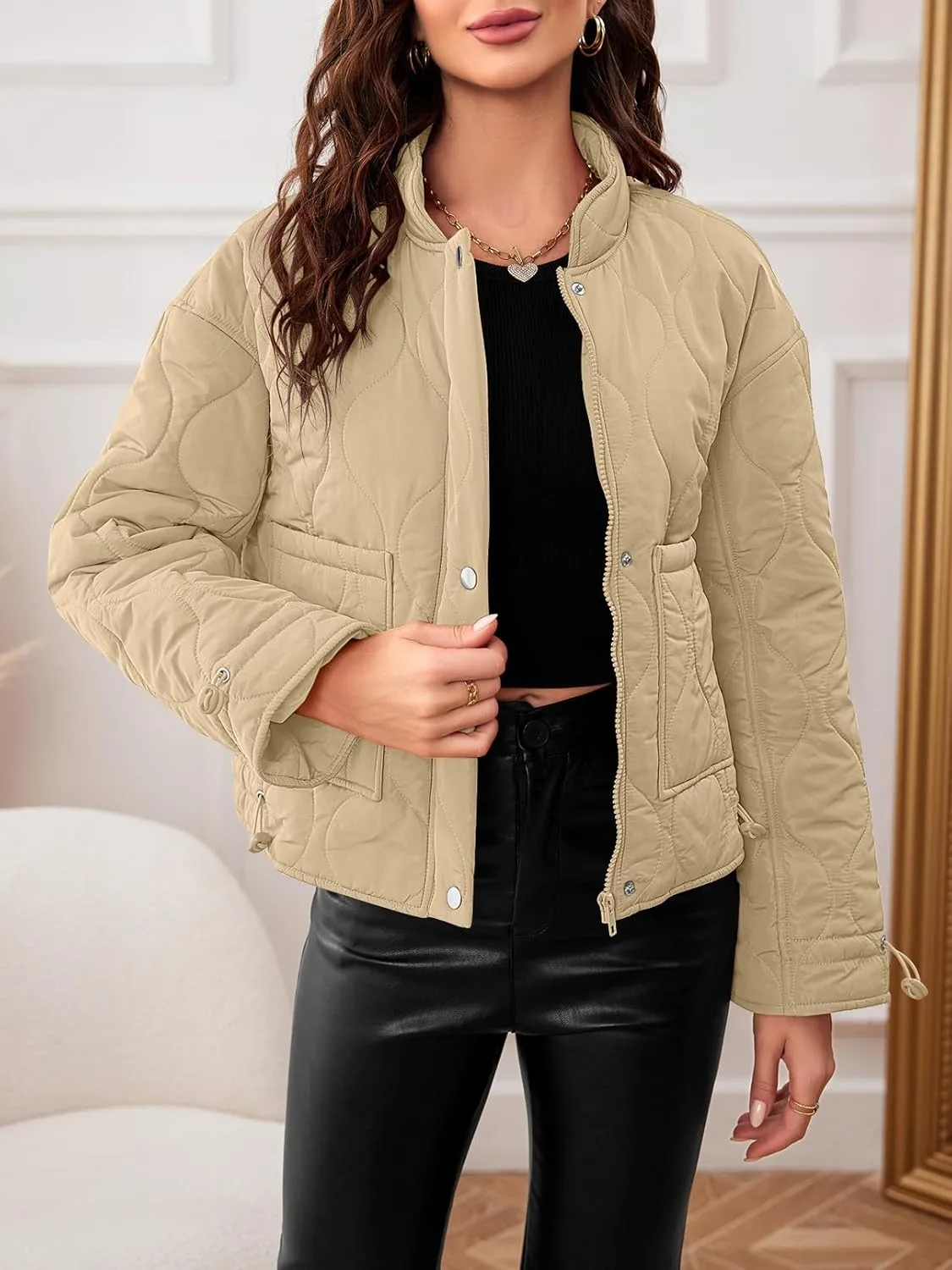 MEROKEETY Women's Cropped Zip-Up Bomber Jackets Warm Quilted Long Sleeve Stand Neck Winter Coats