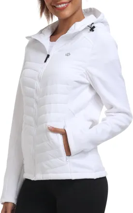 MoFiz Womens Fleece Lined Softshell Jacket Hooded Lightweight Insulated Puffer Hybrid Down Jacket Full Zip Running Coat