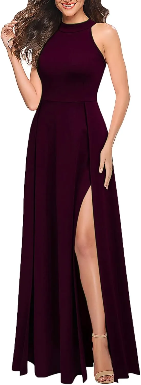 MUSHARE Women's Halter Neck Sexy Split Cocktail Party Maxi Long Formal Dress