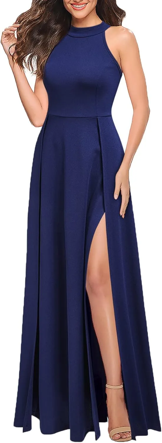 MUSHARE Women's Halter Neck Sexy Split Cocktail Party Maxi Long Formal Dress