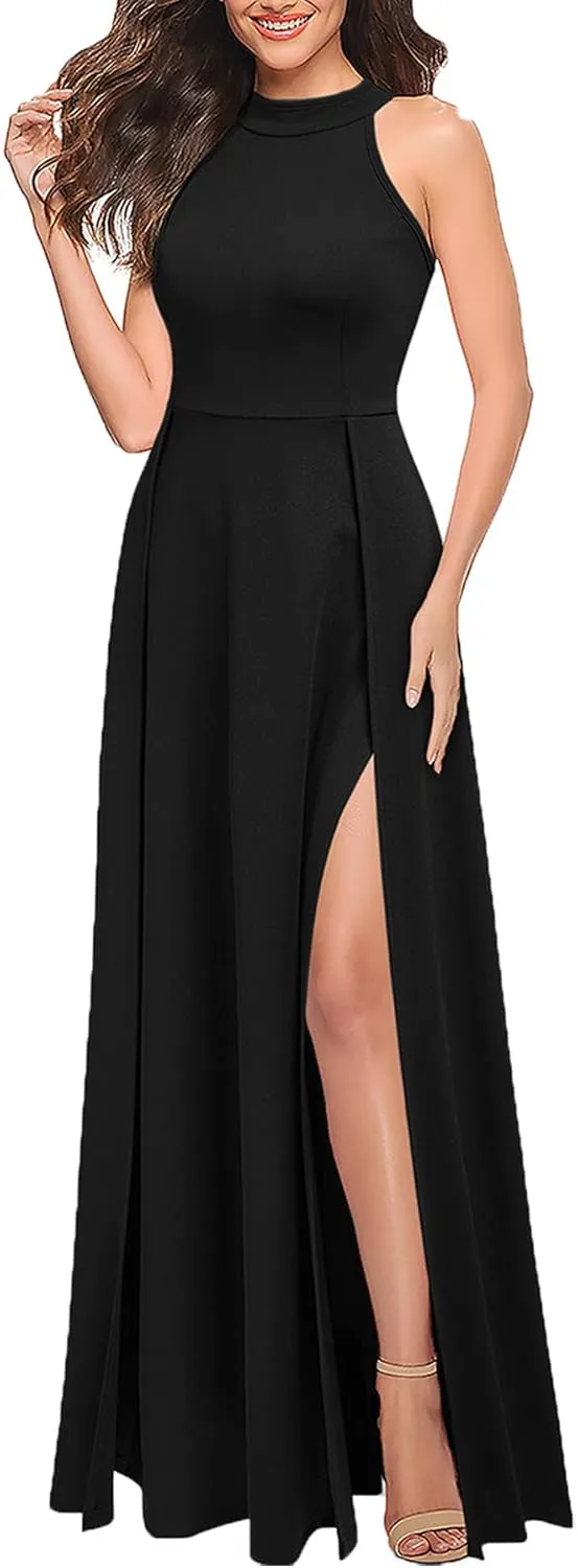 MUSHARE Women's Halter Neck Sexy Split Cocktail Party Maxi Long Formal Dress