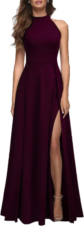 MUSHARE Women's Halter Neck Sexy Split Cocktail Party Maxi Long Formal Dress