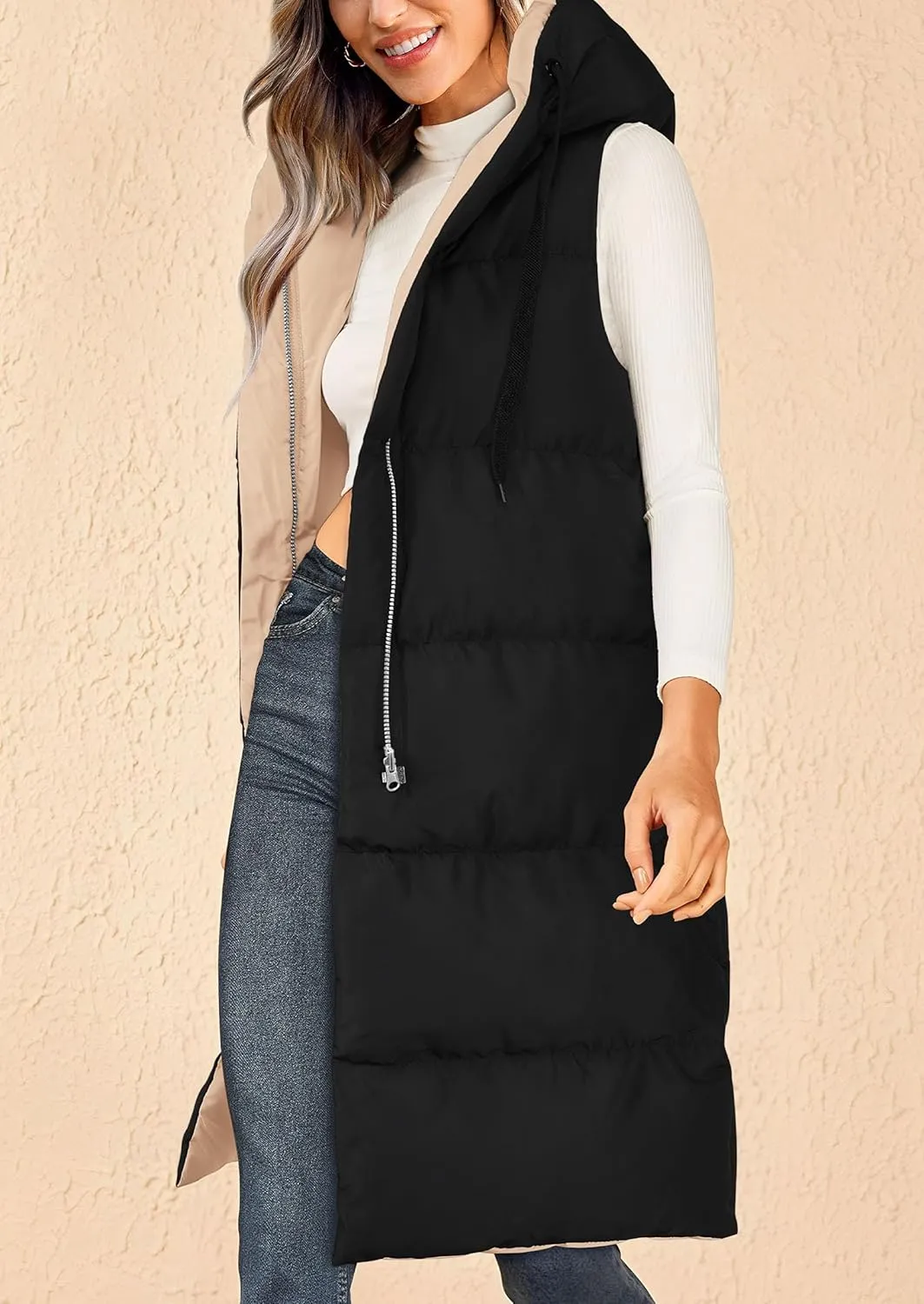 PRETTYGARDEN Womens Long Puffer Vest Fall Winter Trendy Zip Up Sleeveless Coat Down Jacket Quilted Hooded Warm Outerwear