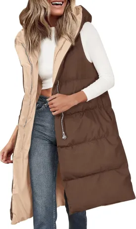 PRETTYGARDEN Womens Long Puffer Vest Fall Winter Trendy Zip Up Sleeveless Coat Down Jacket Quilted Hooded Warm Outerwear