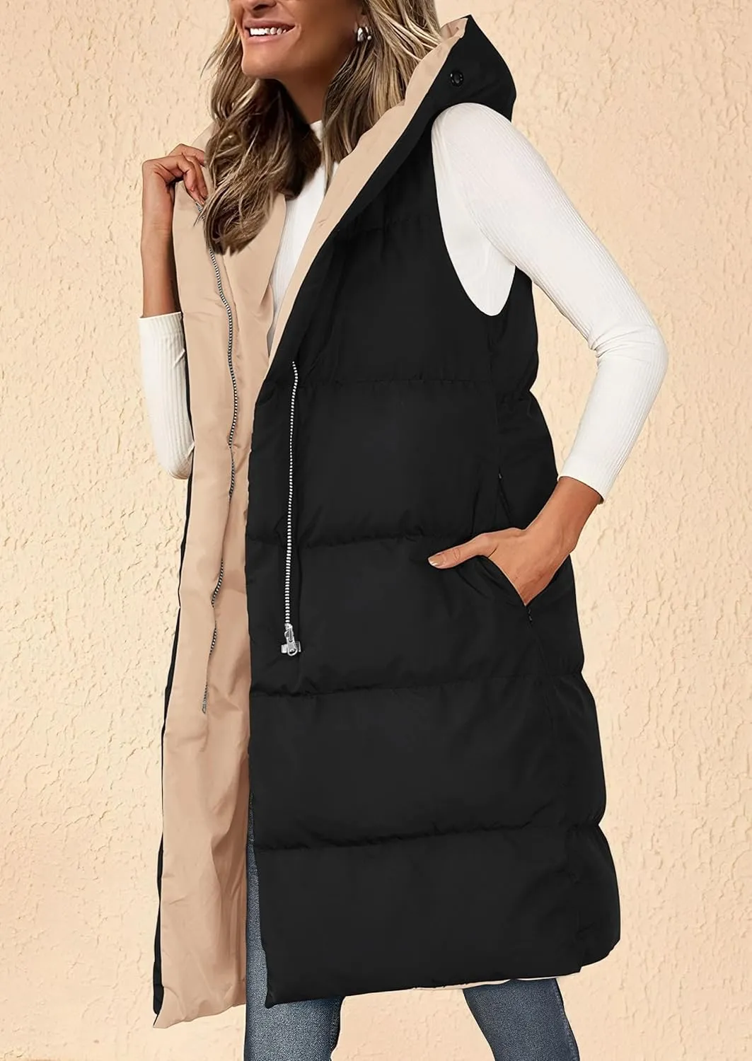 PRETTYGARDEN Womens Long Puffer Vest Fall Winter Trendy Zip Up Sleeveless Coat Down Jacket Quilted Hooded Warm Outerwear