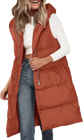 PRETTYGARDEN Womens Long Puffer Vest Fall Winter Trendy Zip Up Sleeveless Coat Down Jacket Quilted Hooded Warm Outerwear
