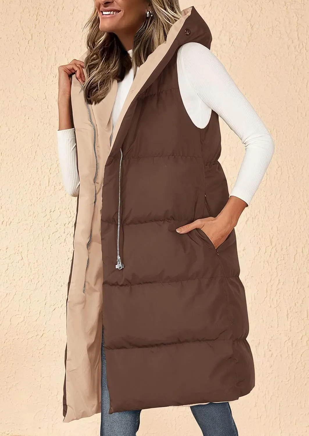 PRETTYGARDEN Womens Long Puffer Vest Fall Winter Trendy Zip Up Sleeveless Coat Down Jacket Quilted Hooded Warm Outerwear