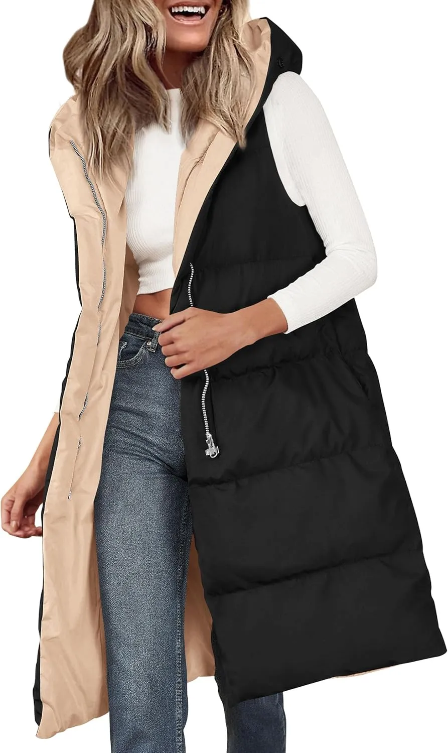 PRETTYGARDEN Womens Long Puffer Vest Fall Winter Trendy Zip Up Sleeveless Coat Down Jacket Quilted Hooded Warm Outerwear