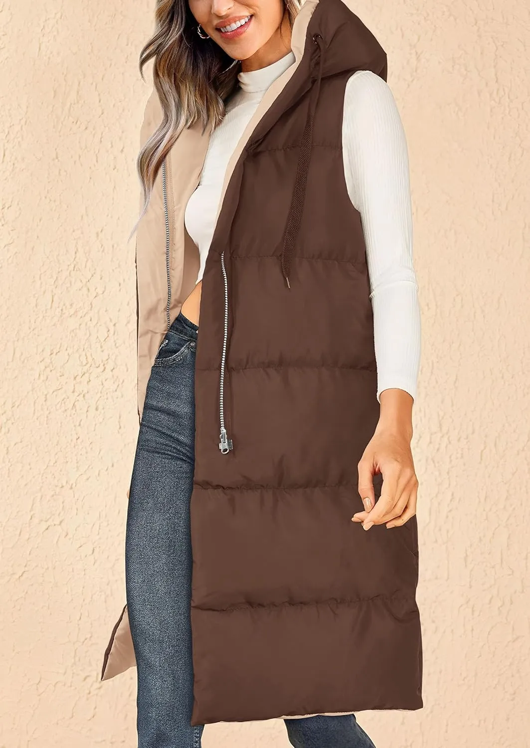 PRETTYGARDEN Womens Long Puffer Vest Fall Winter Trendy Zip Up Sleeveless Coat Down Jacket Quilted Hooded Warm Outerwear