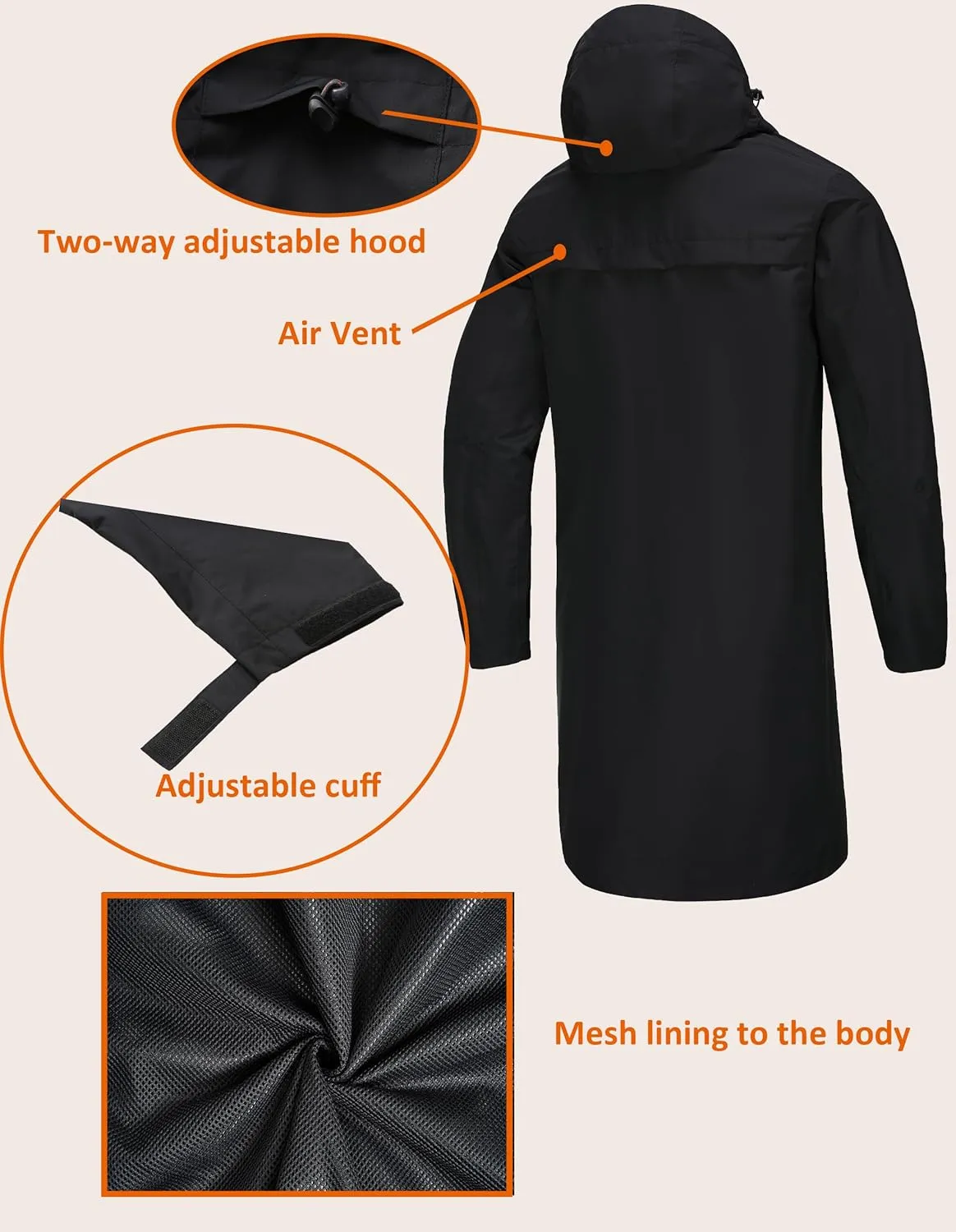 Rain Jacket Men,Waterproof Breathable Long Raincoat with Hood Mesh Lining,Windbreaker for outdoor activities