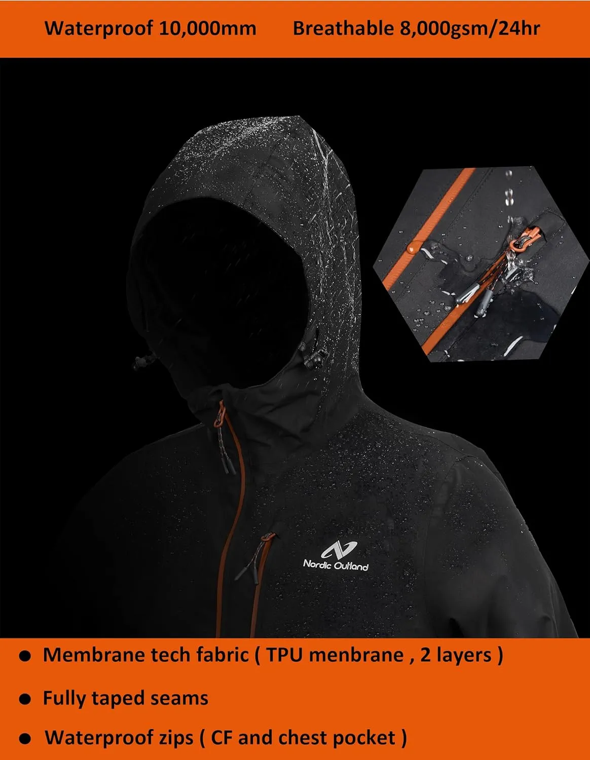 Rain Jacket Men,Waterproof Breathable Long Raincoat with Hood Mesh Lining,Windbreaker for outdoor activities