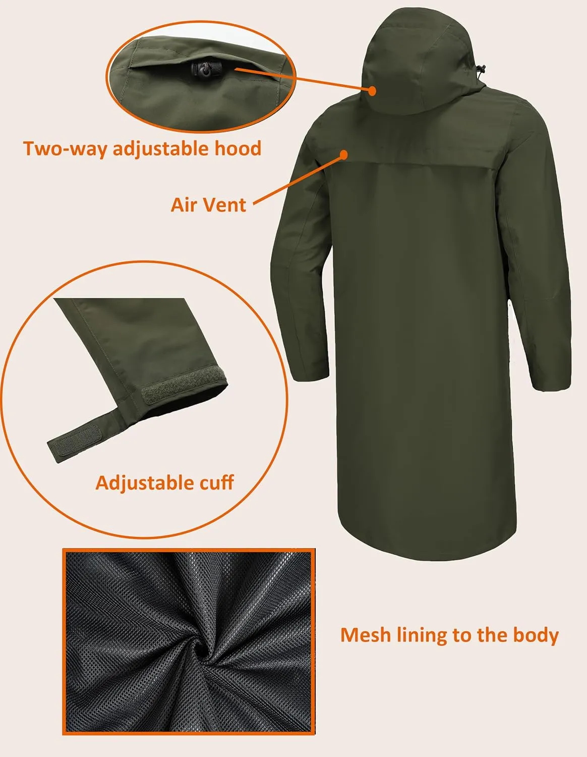 Rain Jacket Men,Waterproof Breathable Long Raincoat with Hood Mesh Lining,Windbreaker for outdoor activities
