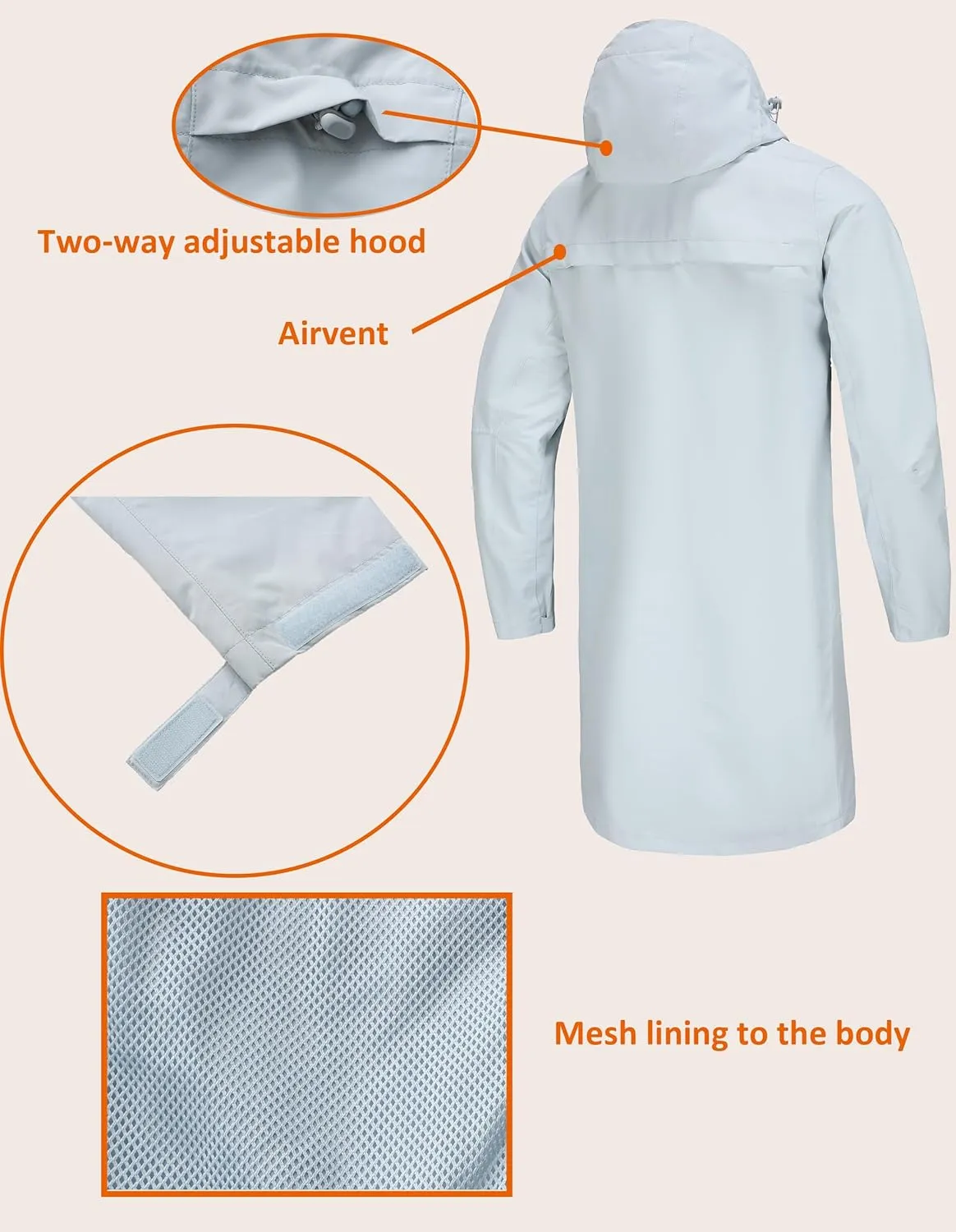 Rain Jacket Men,Waterproof Breathable Long Raincoat with Hood Mesh Lining,Windbreaker for outdoor activities