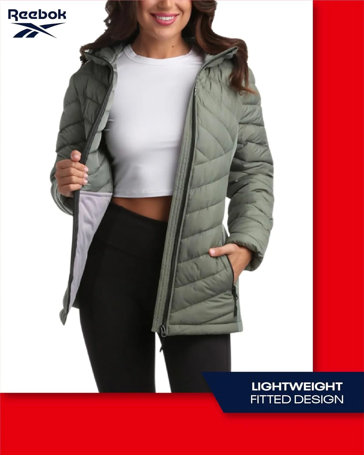 Reebok Women's Jacket - Lightweight Quilted Puffer Parka Coat with Flex Stretch Panels  Casual Jacket for Women (S-XL)