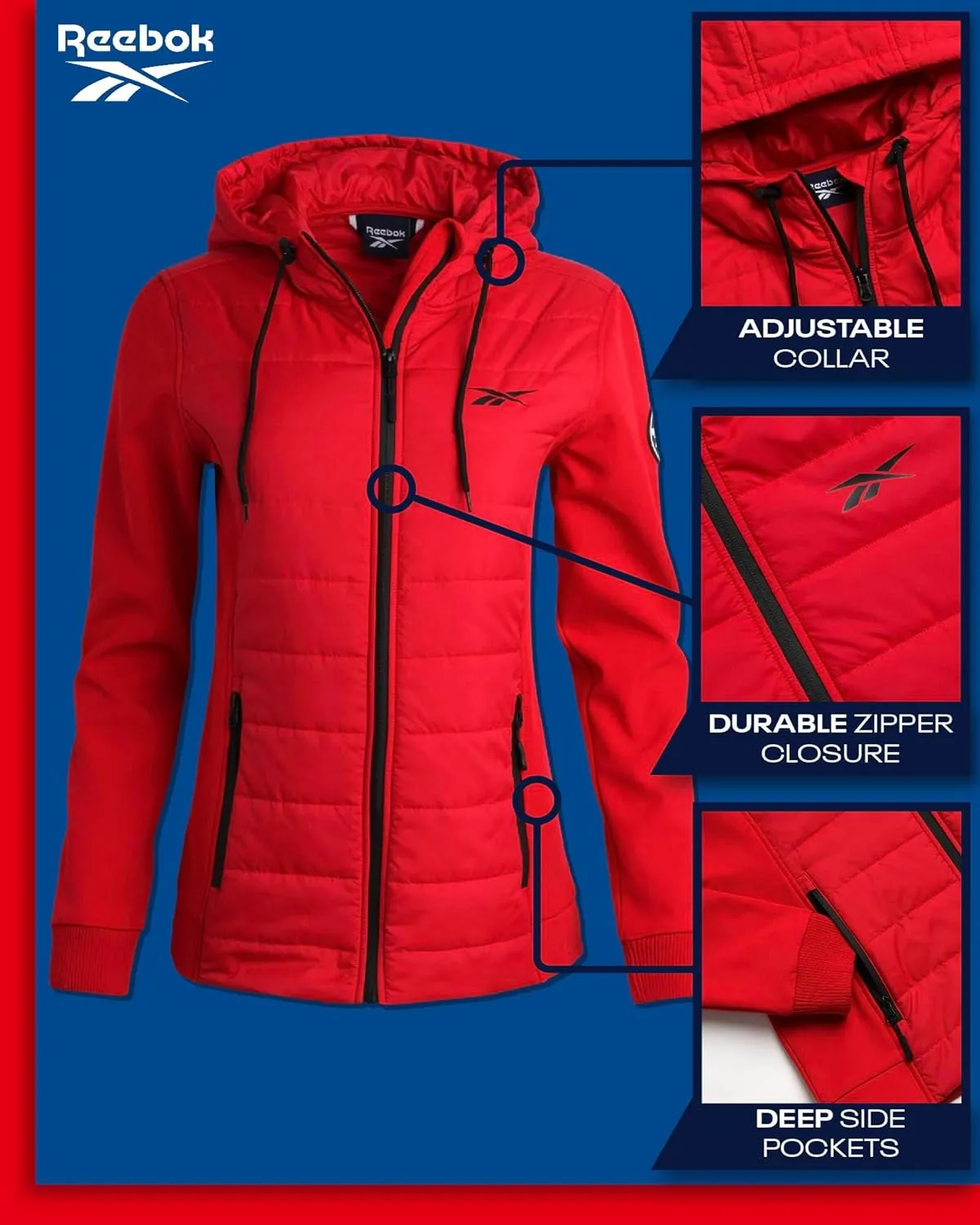 Reebok Women's Jacket - Lightweight Quilted Puffer Parka Coat with Flex Stretch Panels  Casual Jacket for Women (S-XL)