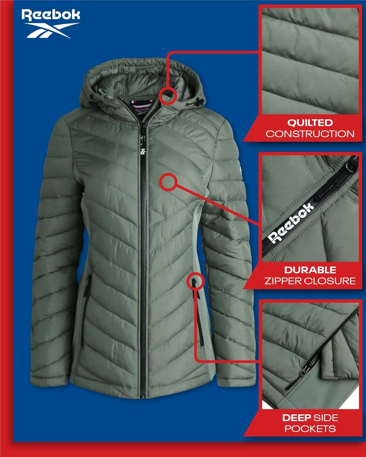 Reebok Women's Jacket - Lightweight Quilted Puffer Parka Coat with Flex Stretch Panels  Casual Jacket for Women (S-XL)