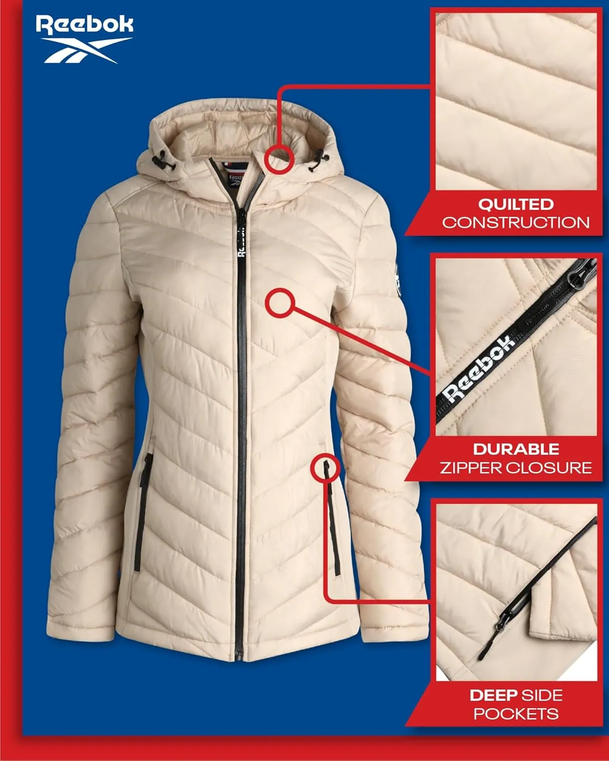 Reebok Women's Jacket - Lightweight Quilted Puffer Parka Coat with Flex Stretch Panels  Casual Jacket for Women (S-XL)