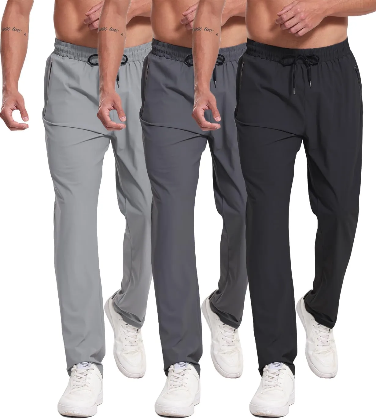 RPOVIG 3 Pack Men's Athletic Sweatpants with Zipper Pockets Workout Gym Running Hiking Active Cooling Stretch Joggers Pants