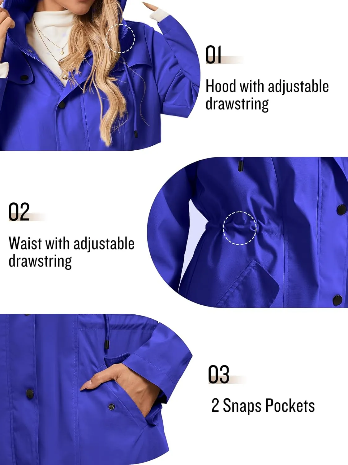 SaphiRose Women's Long Rain Jacket Waterproof Rain Coat with Hood Outdoor Light Raincoats Windbreaker