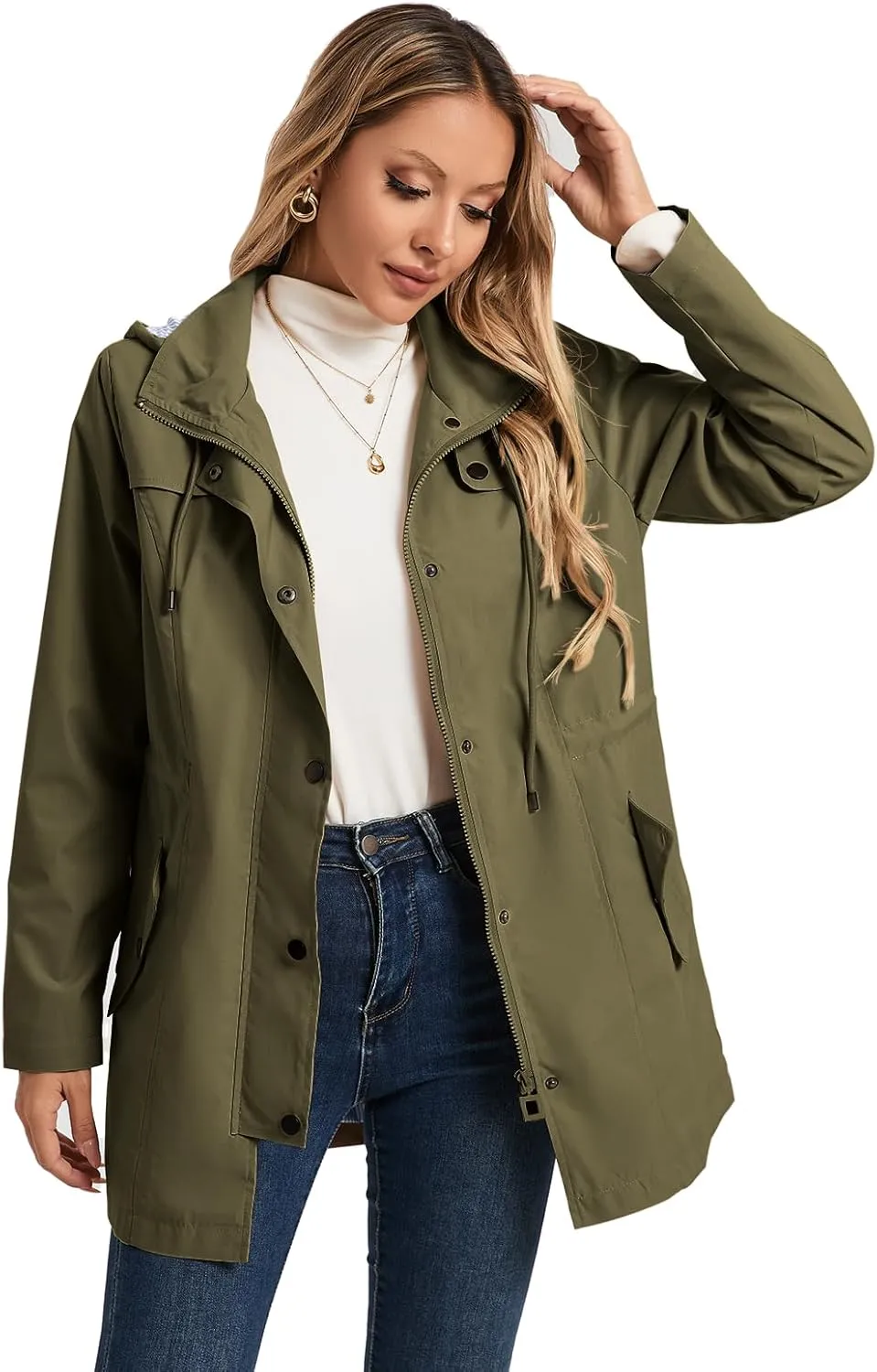 SaphiRose Women's Long Rain Jacket Waterproof Rain Coat with Hood Outdoor Light Raincoats Windbreaker