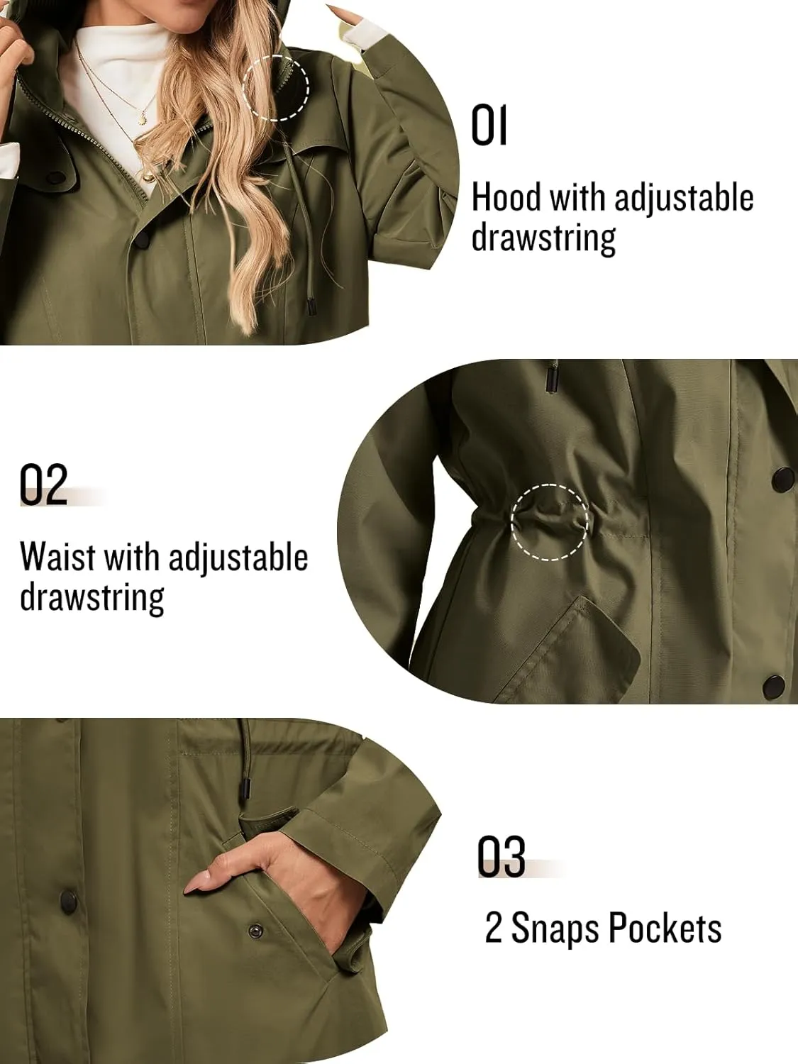 SaphiRose Women's Long Rain Jacket Waterproof Rain Coat with Hood Outdoor Light Raincoats Windbreaker