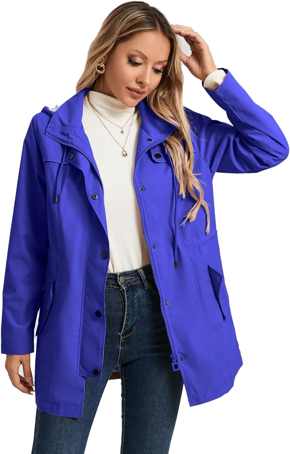 SaphiRose Women's Long Rain Jacket Waterproof Rain Coat with Hood Outdoor Light Raincoats Windbreaker