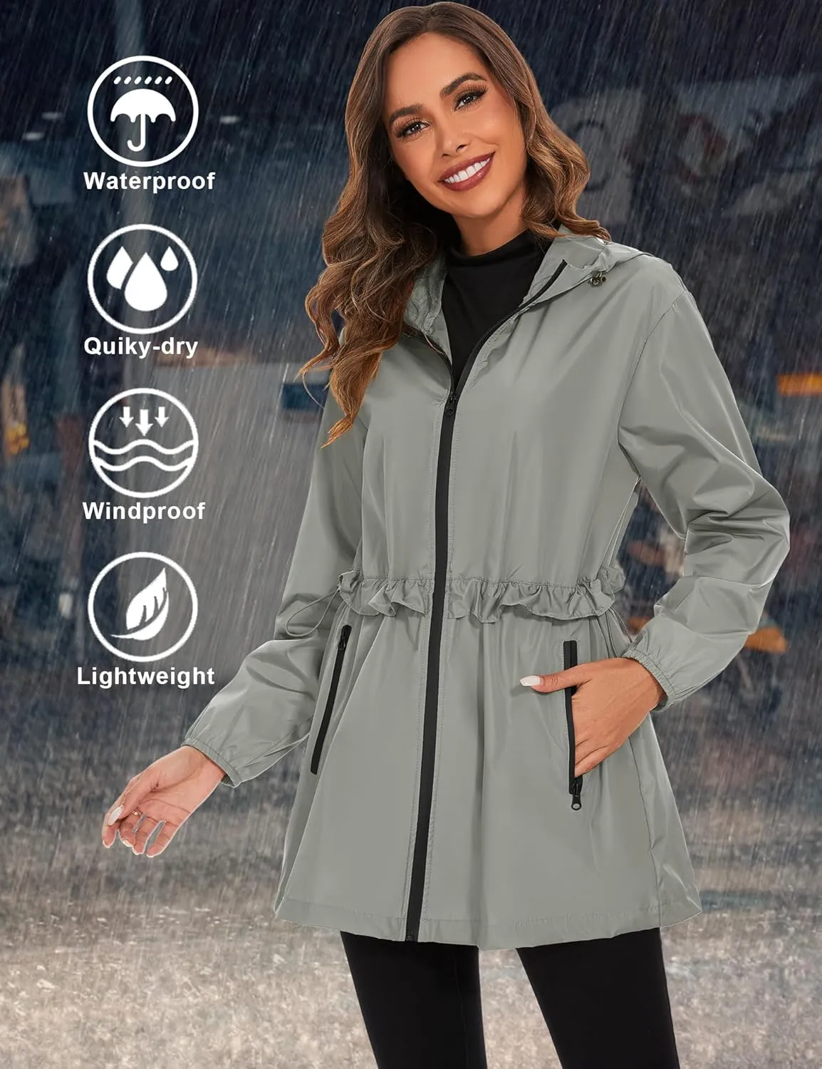 TCOT Rain Jackets for Women Waterproof Packable Hooded Rain Coat Lightweight Windbreaker with Pocket