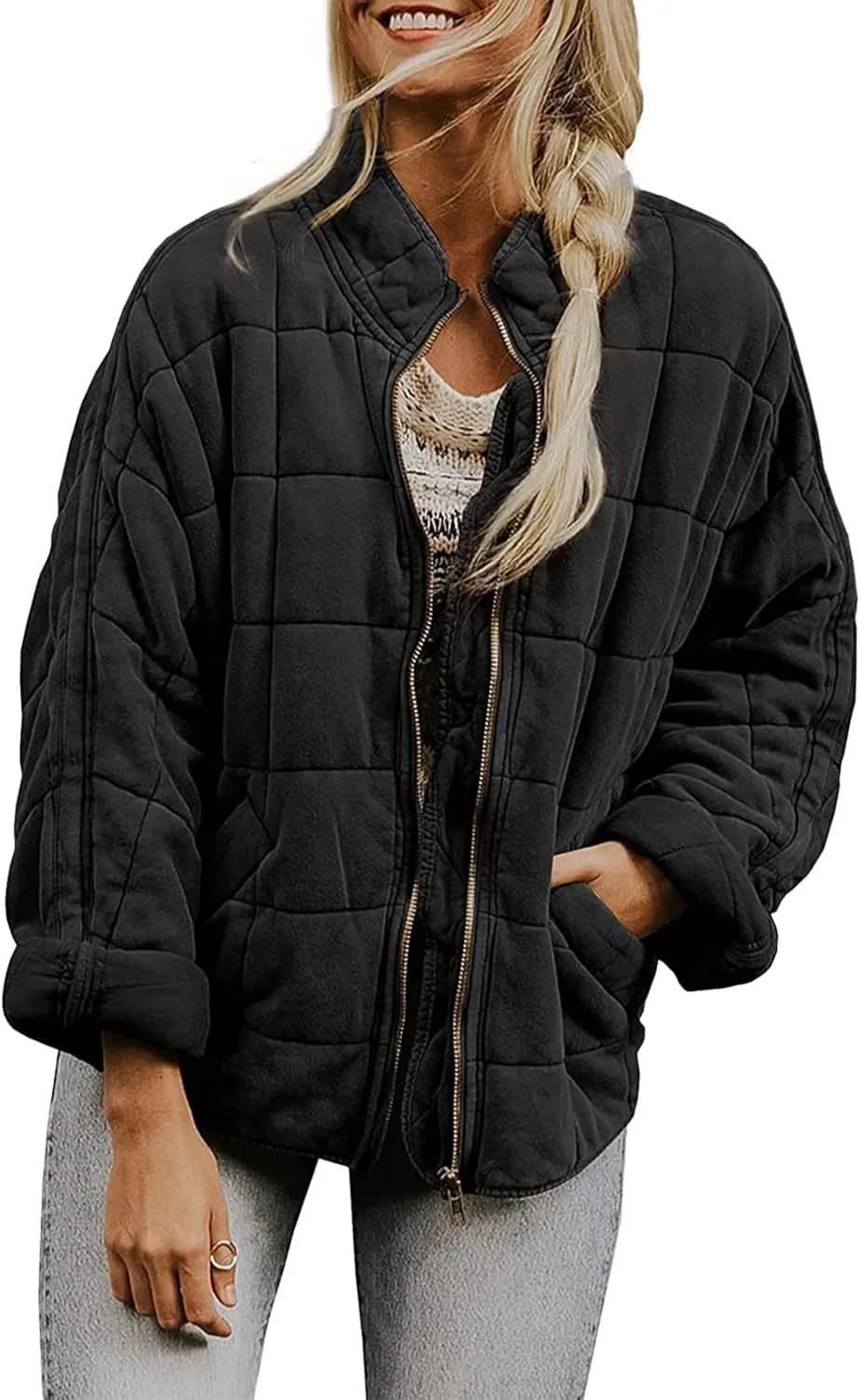 utcoco Women's Causal Lightweight Jacket Stand Collar Long Sleeve Zip Up Winter Coats for Women
