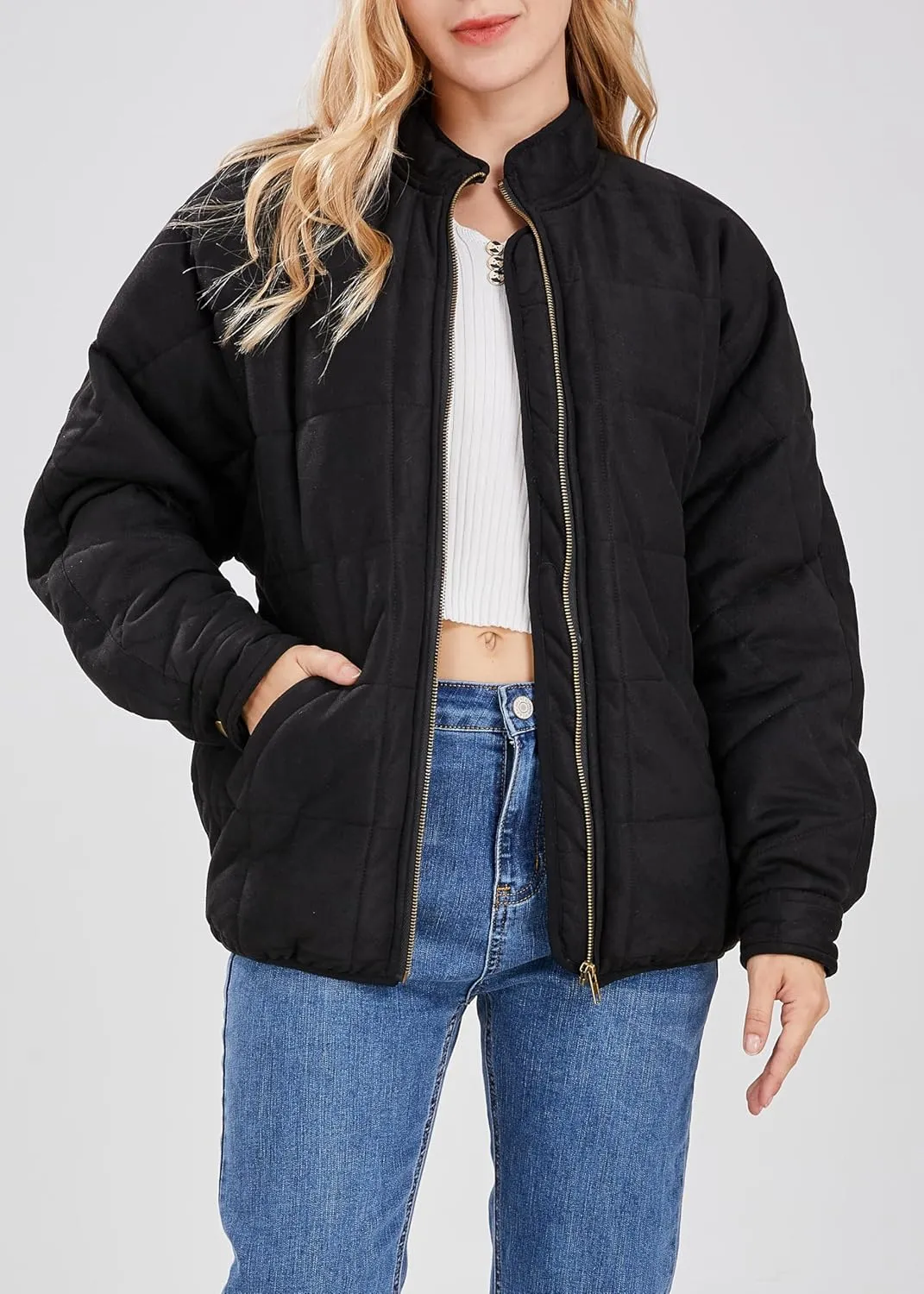 utcoco Women's Causal Lightweight Jacket Stand Collar Long Sleeve Zip Up Winter Coats for Women
