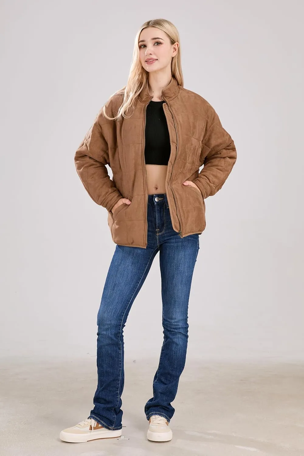 utcoco Women's Causal Lightweight Jacket Stand Collar Long Sleeve Zip Up Winter Coats for Women