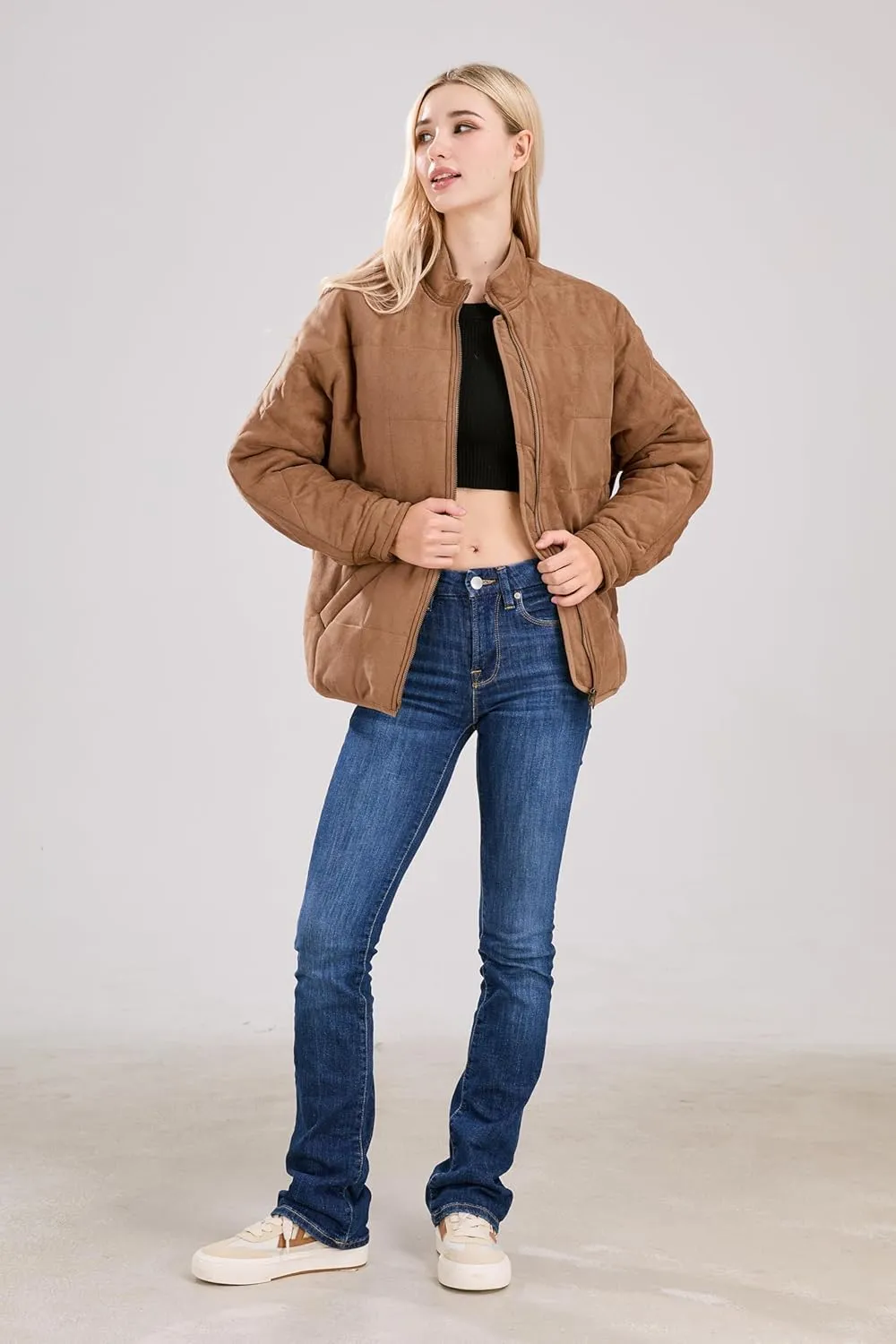 utcoco Women's Causal Lightweight Jacket Stand Collar Long Sleeve Zip Up Winter Coats for Women
