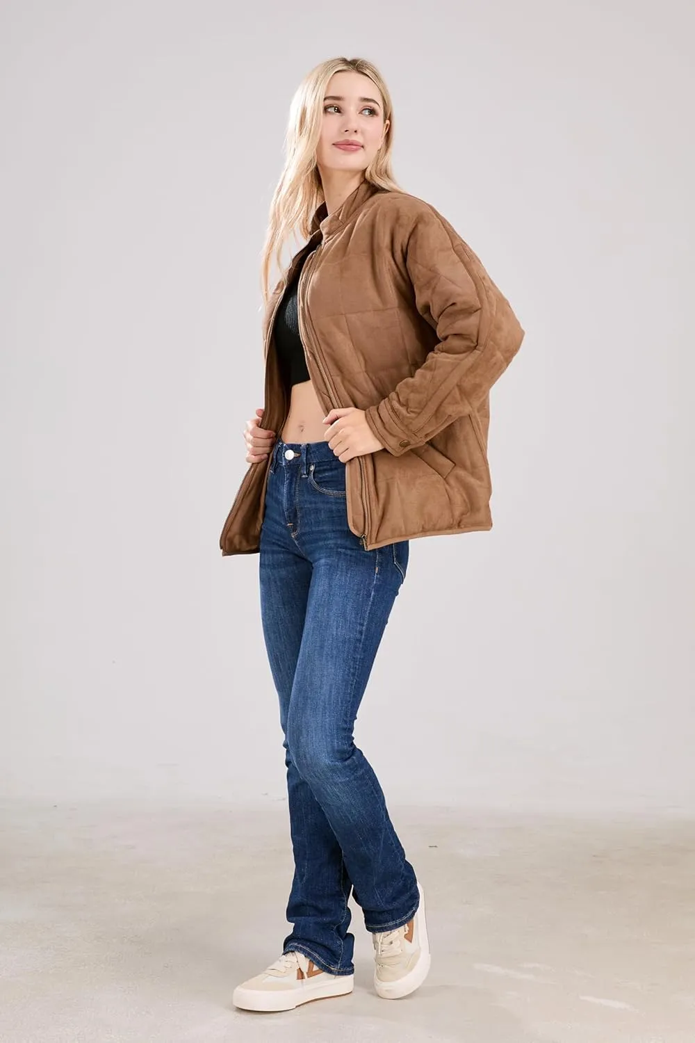 utcoco Women's Causal Lightweight Jacket Stand Collar Long Sleeve Zip Up Winter Coats for Women