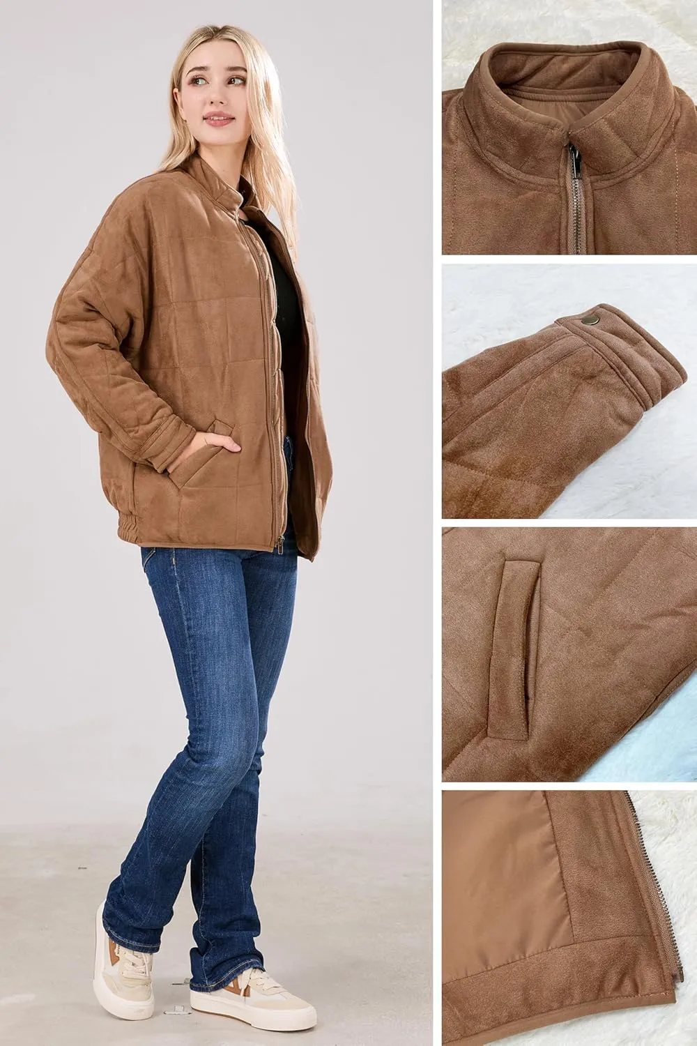 utcoco Women's Causal Lightweight Jacket Stand Collar Long Sleeve Zip Up Winter Coats for Women