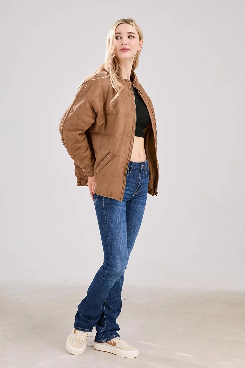 utcoco Women's Causal Lightweight Jacket Stand Collar Long Sleeve Zip Up Winter Coats for Women