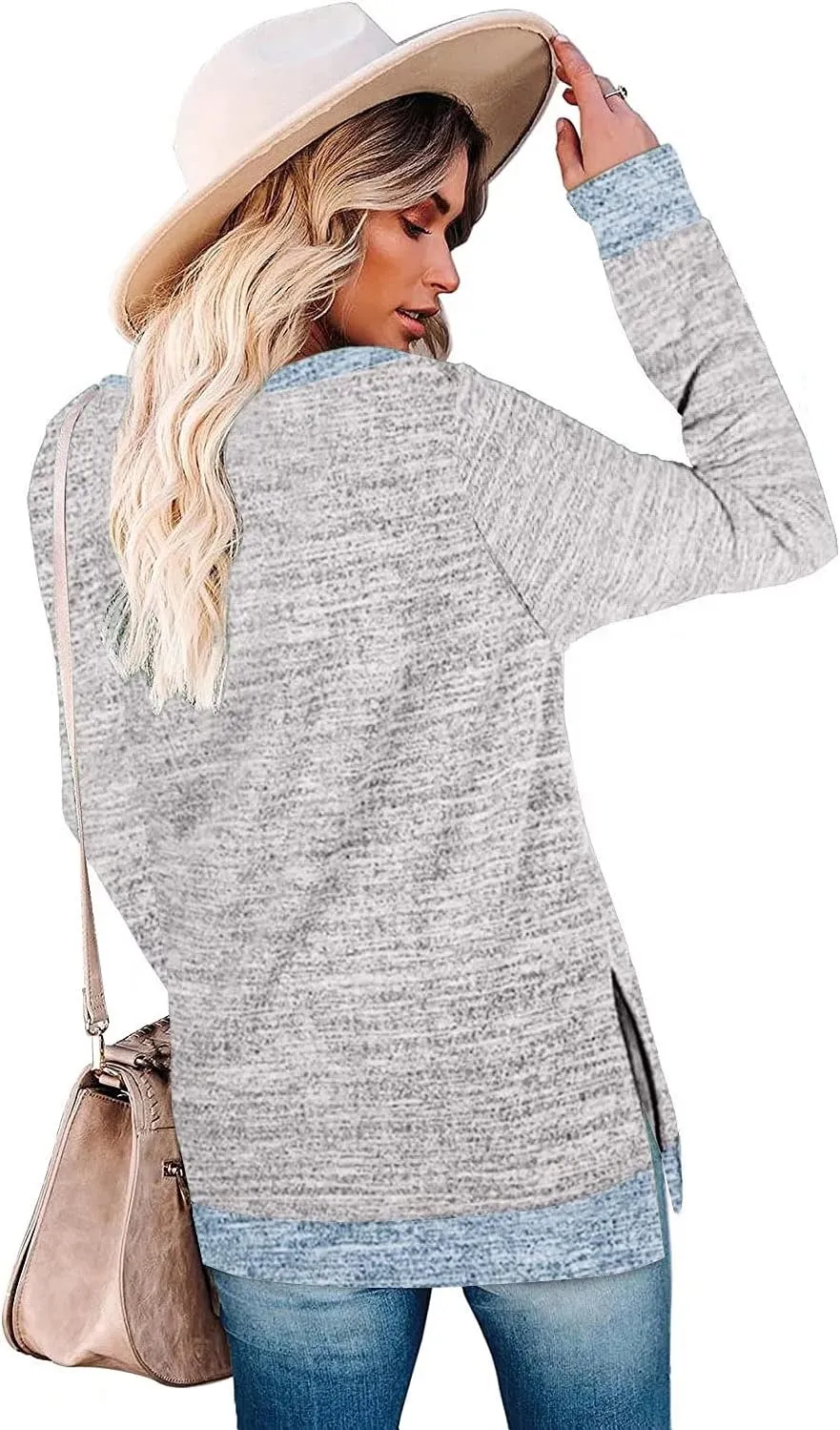 WELINCO Womens Crewneck Pullovers Color Block Long Sleeve Side Split Tunic Tops