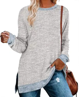 WELINCO Womens Crewneck Pullovers Color Block Long Sleeve Side Split Tunic Tops