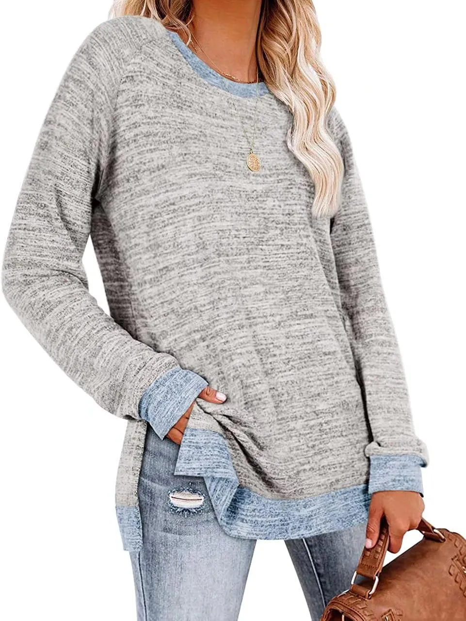WELINCO Womens Crewneck Pullovers Color Block Long Sleeve Side Split Tunic Tops