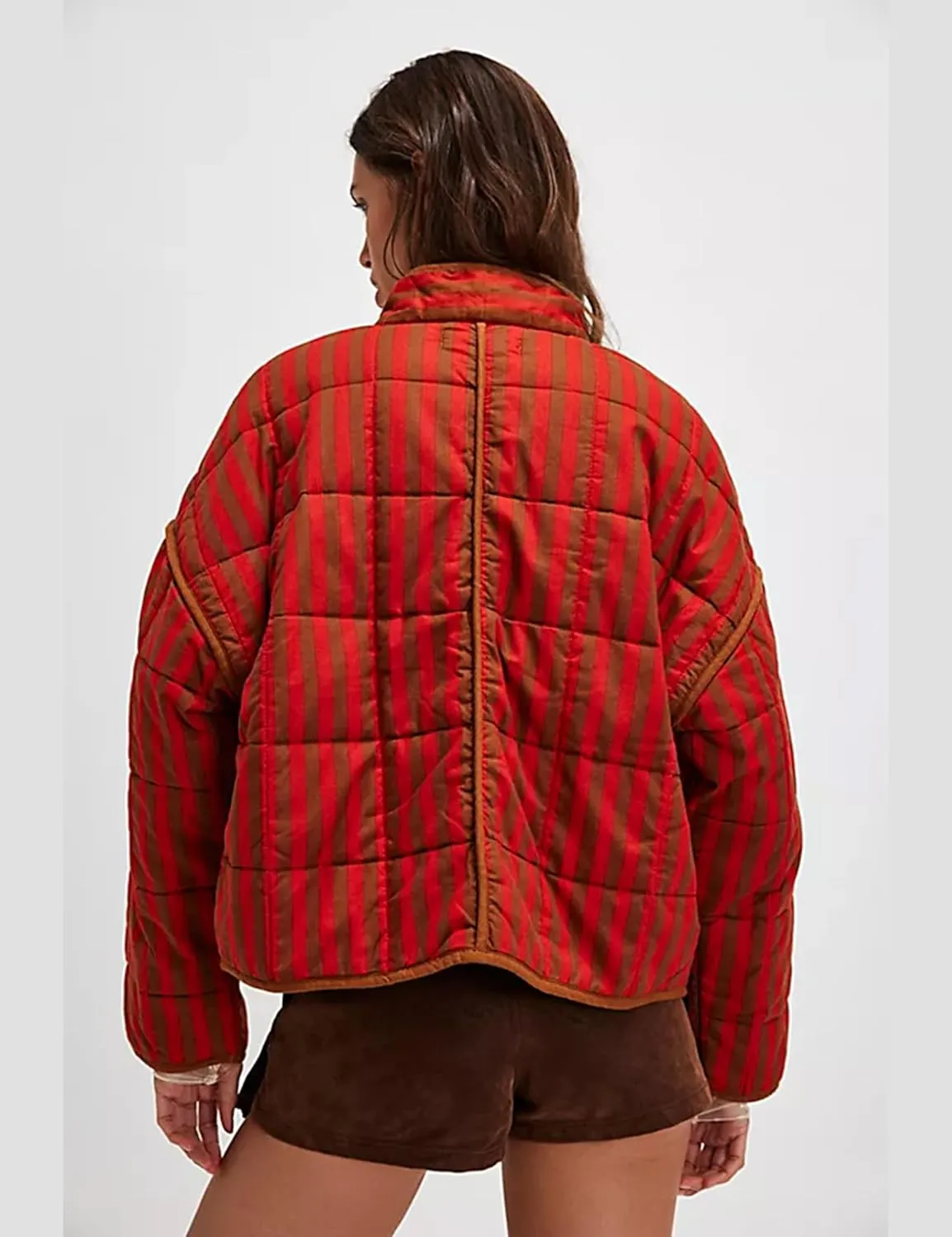 Womens Cropped Floral Puffer Jacket Lightweight Open Front Long Sleeve Padded Quilted Coat with Pockets