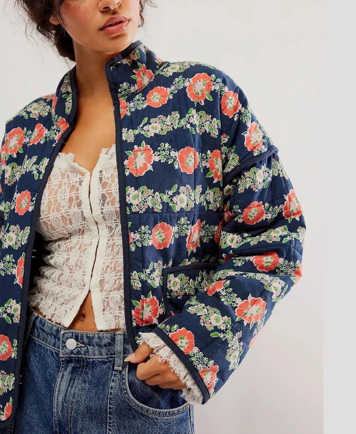 Womens Cropped Floral Puffer Jacket Lightweight Open Front Long Sleeve Padded Quilted Coat with Pockets