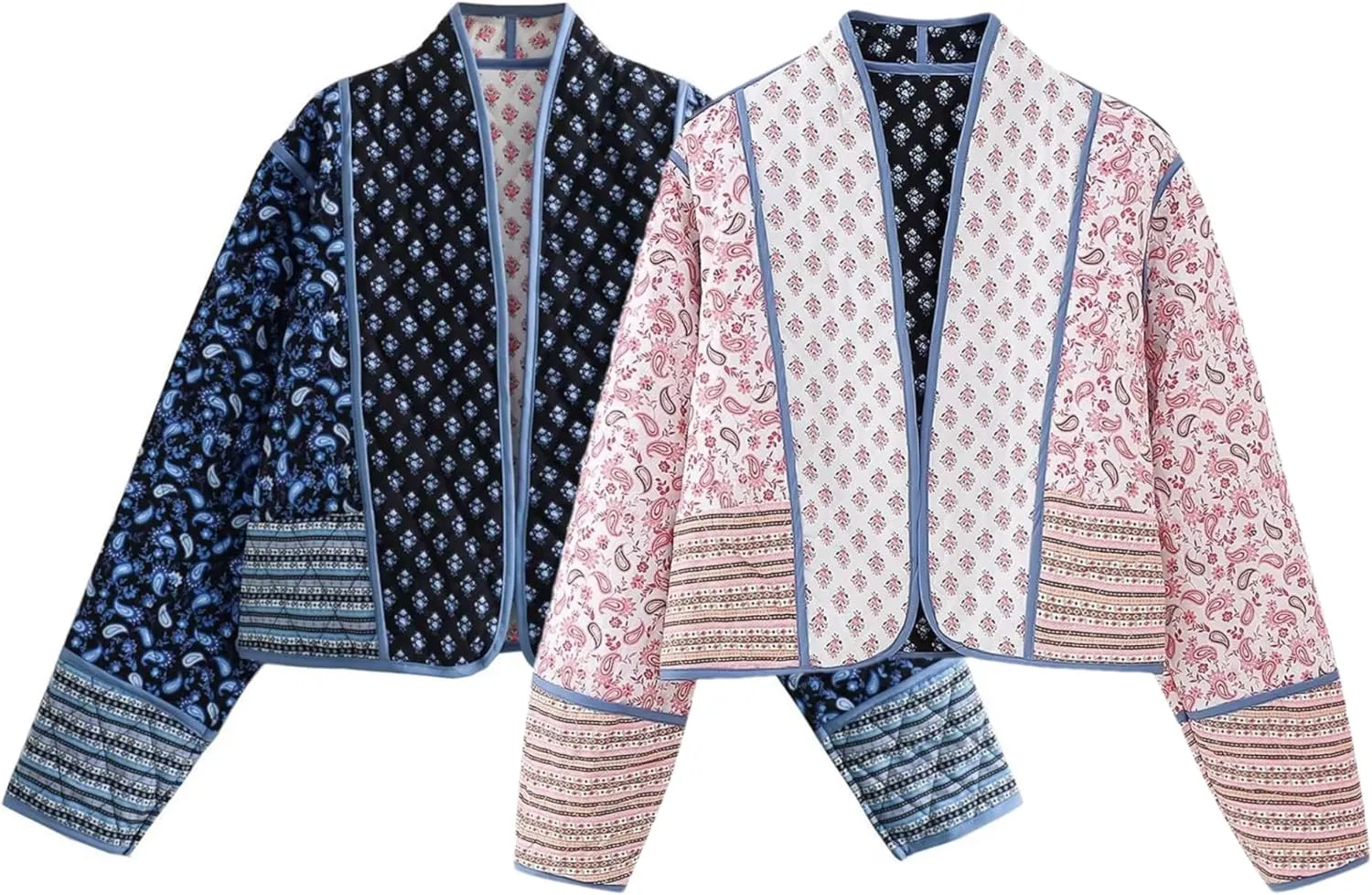 Womens Cropped Floral Puffer Jacket Lightweight Open Front Long Sleeve Padded Quilted Coat with Pockets