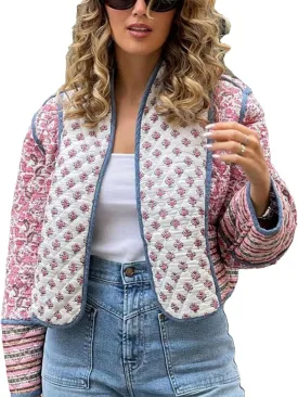Womens Cropped Floral Puffer Jacket Lightweight Open Front Long Sleeve Padded Quilted Coat with Pockets