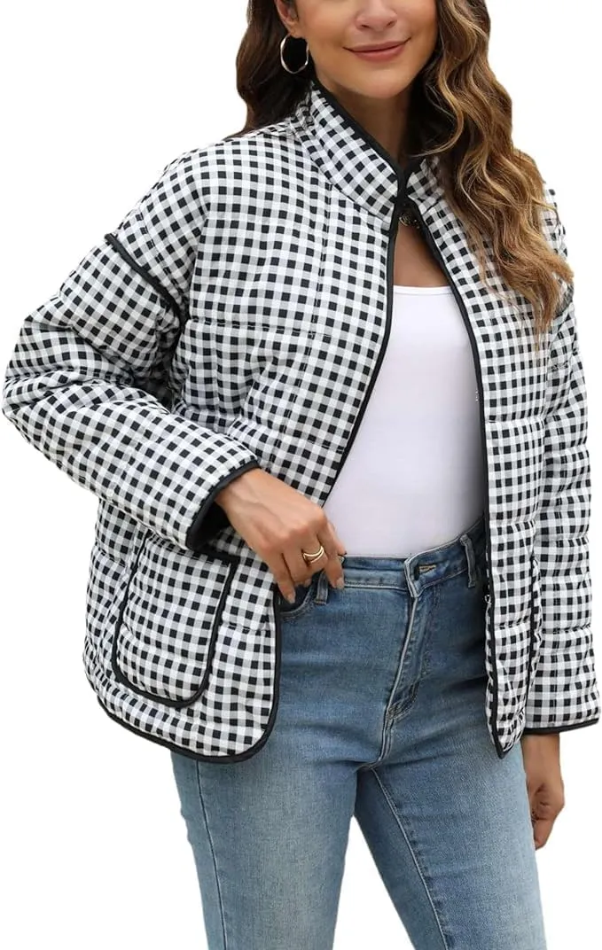 Womens Cropped Floral Puffer Jacket Lightweight Open Front Long Sleeve Padded Quilted Coat with Pockets