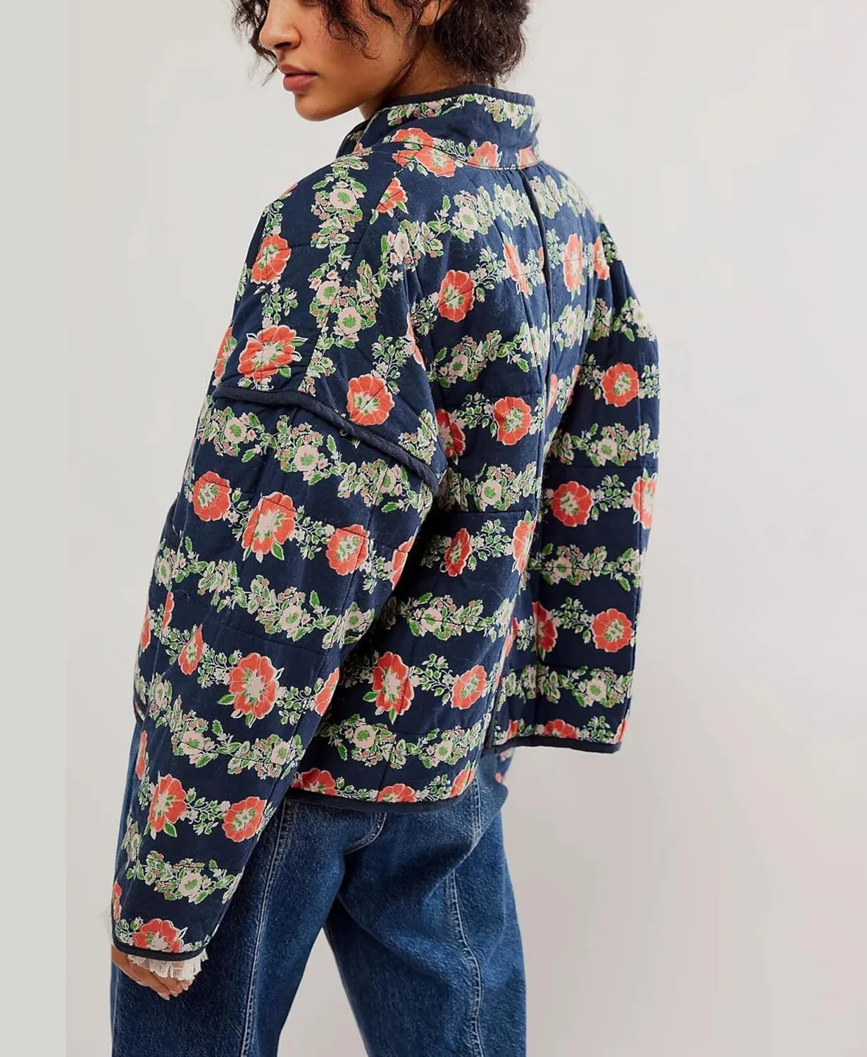 Womens Cropped Floral Puffer Jacket Lightweight Open Front Long Sleeve Padded Quilted Coat with Pockets